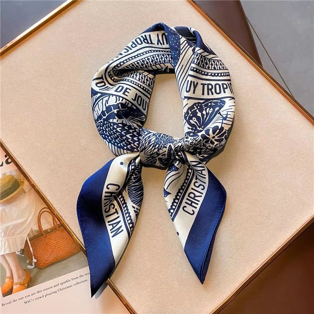Luxury Printed Satin Silk Scarf 2756x2756in Square For Women Hair Hijab Neck Tie 6