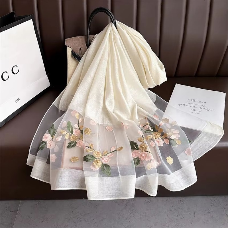 Luxury Shiny Lace Hijab Scarf With Floral Embroidery Lightweight Silk Feel Shawl Wrap For Women 1