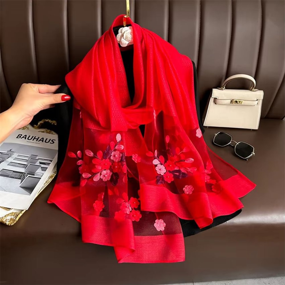 Luxury Shiny Lace Hijab Scarf With Floral Embroidery Lightweight Silk Feel Shawl Wrap For Women 9