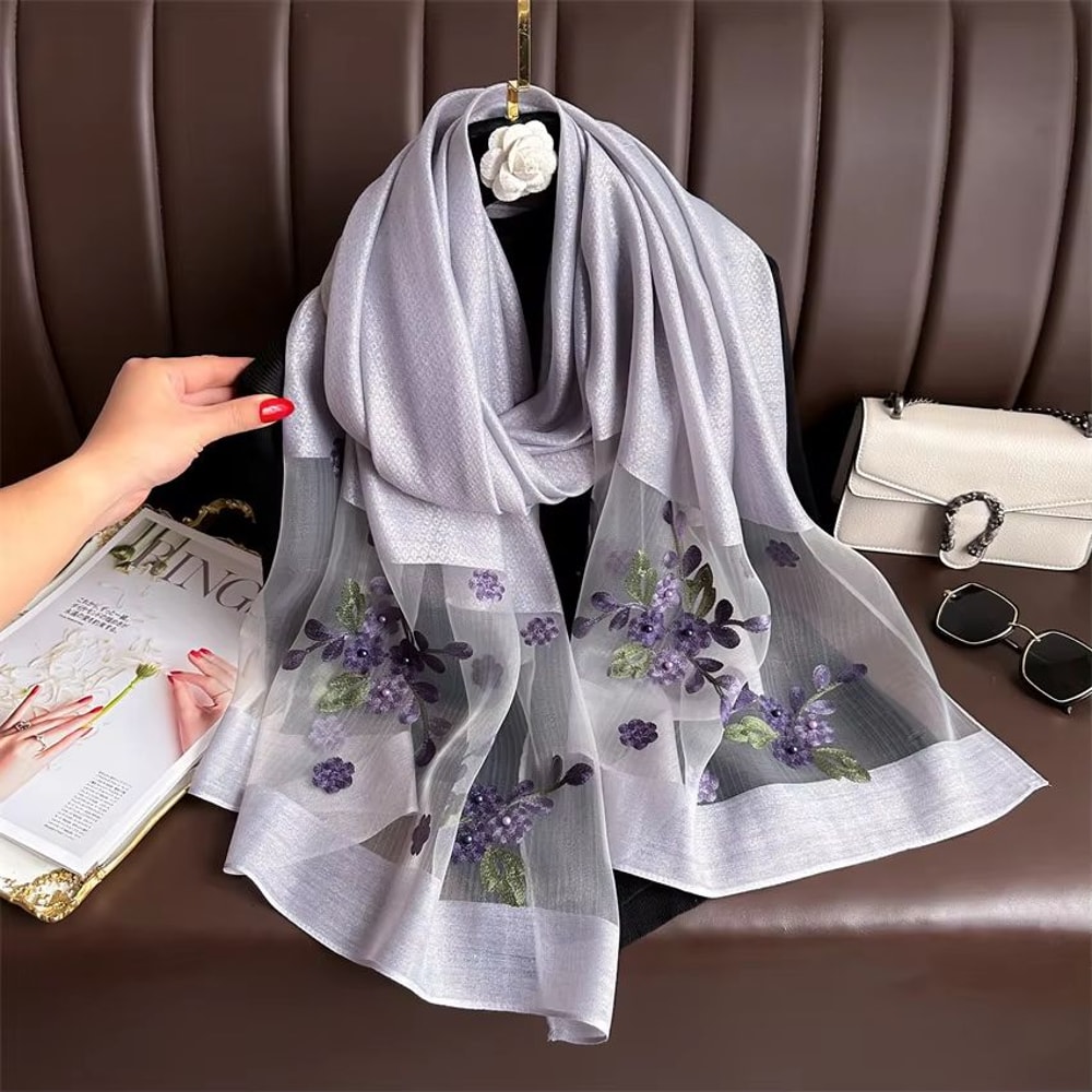 Luxury Shiny Lace Hijab Scarf With Floral Embroidery Lightweight Silk Feel Shawl Wrap For Women 13