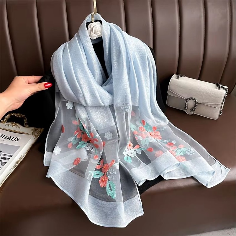 Luxury Shiny Lace Hijab Scarf With Floral Embroidery Lightweight Silk Feel Shawl Wrap For Women 14