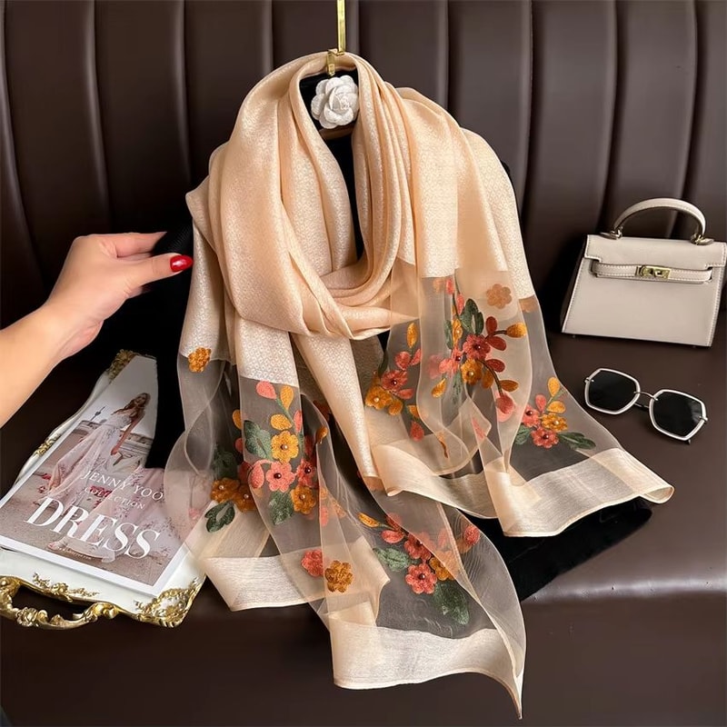 Luxury Shiny Lace Hijab Scarf With Floral Embroidery Lightweight Silk Feel Shawl Wrap For Women 3