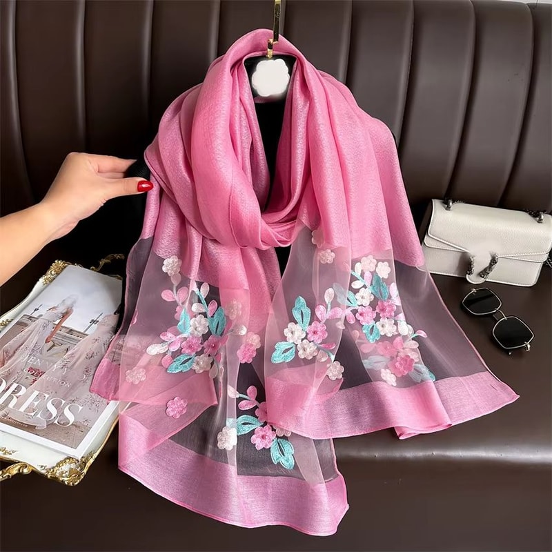 Luxury Shiny Lace Hijab Scarf With Floral Embroidery Lightweight Silk Feel Shawl Wrap For Women 8