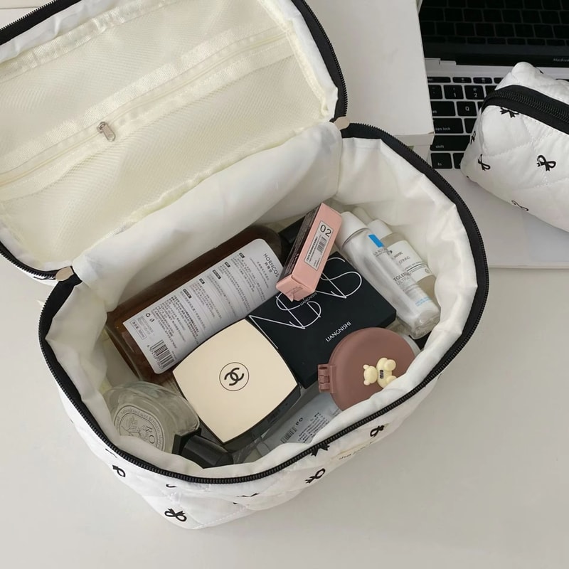 Fashion Cherry Quilted Cotton Makeup Bag Portable Cosmetic Tote For Women 2