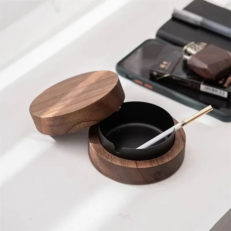 Walnut Wood Windproof Ashtray With Lid And Stainless Steel Liner For Home IndoorOutdoor 0