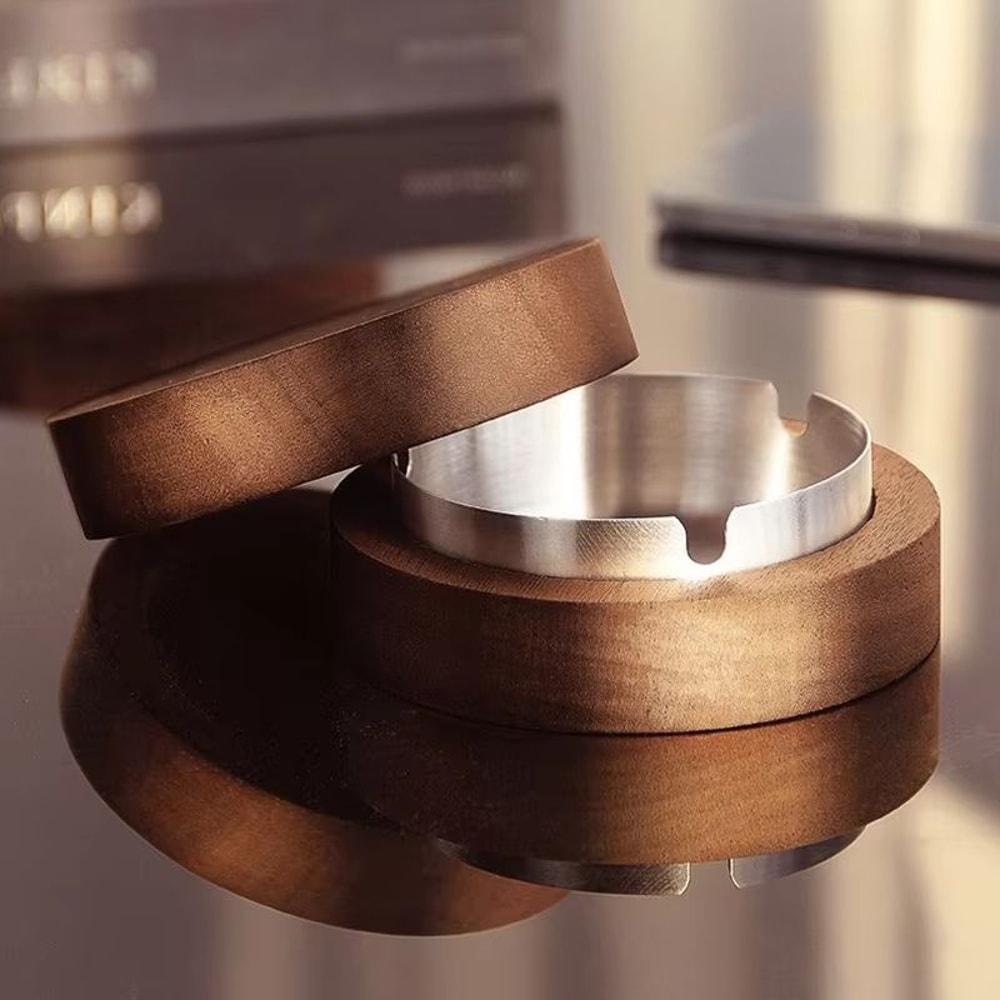 Walnut Wood Windproof Ashtray With Lid And Stainless Steel Liner For Home IndoorOutdoor 1