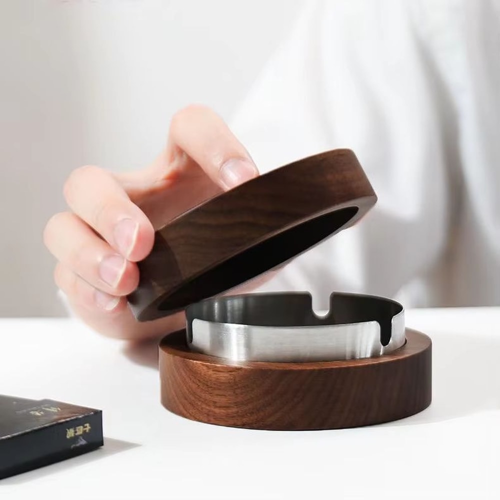 Walnut Wood Windproof Ashtray With Lid And Stainless Steel Liner For Home IndoorOutdoor 6