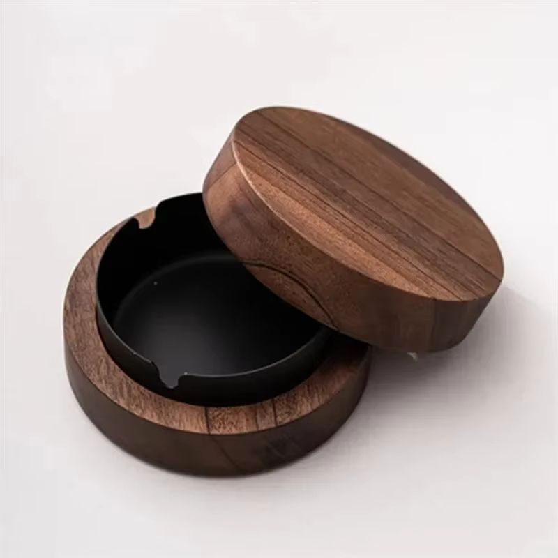 Walnut Wood Windproof Ashtray With Lid And Stainless Steel Liner For Home IndoorOutdoor 7