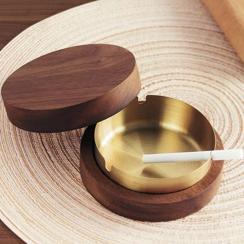 Walnut Wood Windproof Ashtray With Lid And Stainless Steel Liner For Home IndoorOutdoor 8