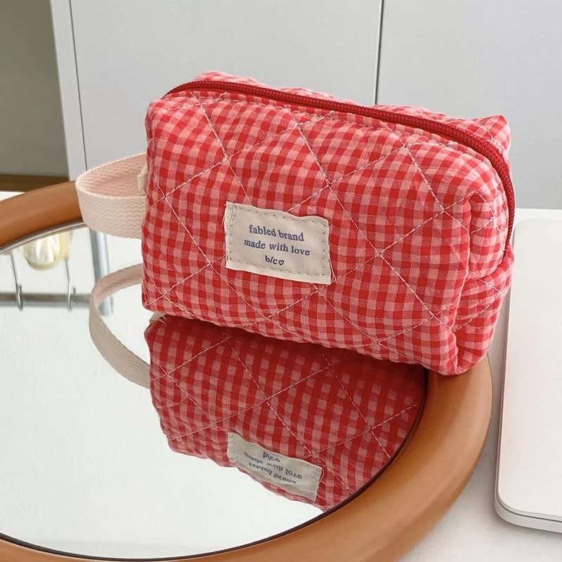 Large Capacity Plaid Makeup Bag Portable Cosmetic Toiletry Organizer 3