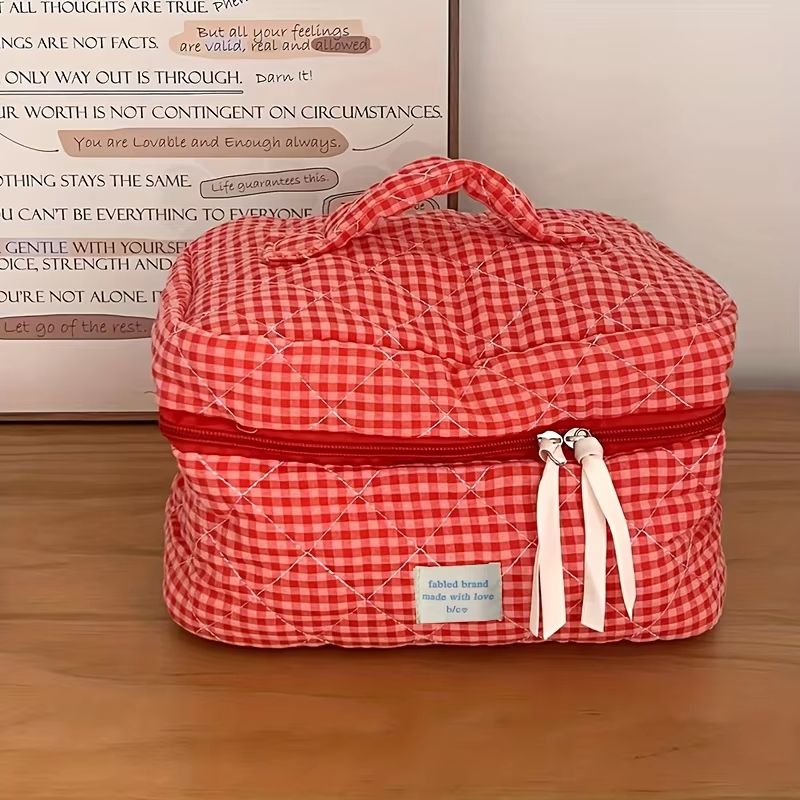 Large Capacity Plaid Makeup Bag Portable Cosmetic Toiletry Organizer 8