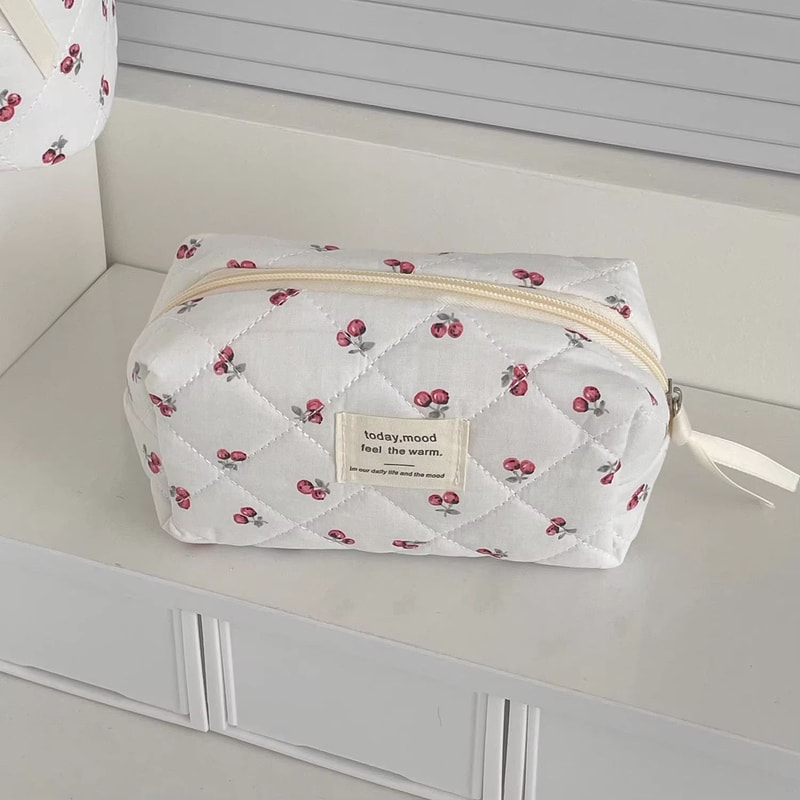 Cherry Quilted Makeup Bag Portable Cosmetic Travel Pouch 8
