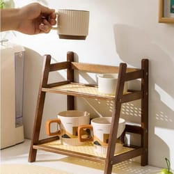 2-layer bamboo countertop organizer shelf multipurpose coffee cup & storage holder