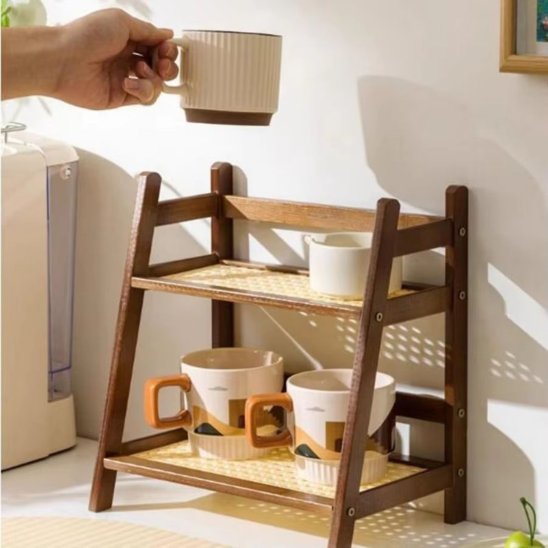 2Layer Bamboo Countertop Organizer Shelf Multipurpose Coffee Cup Storage Holder 0