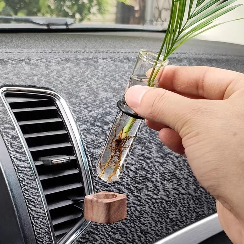 Stable Mini Car Flower Vase Vent Clip Elegant Walnut Glass Dashboard Decor 0