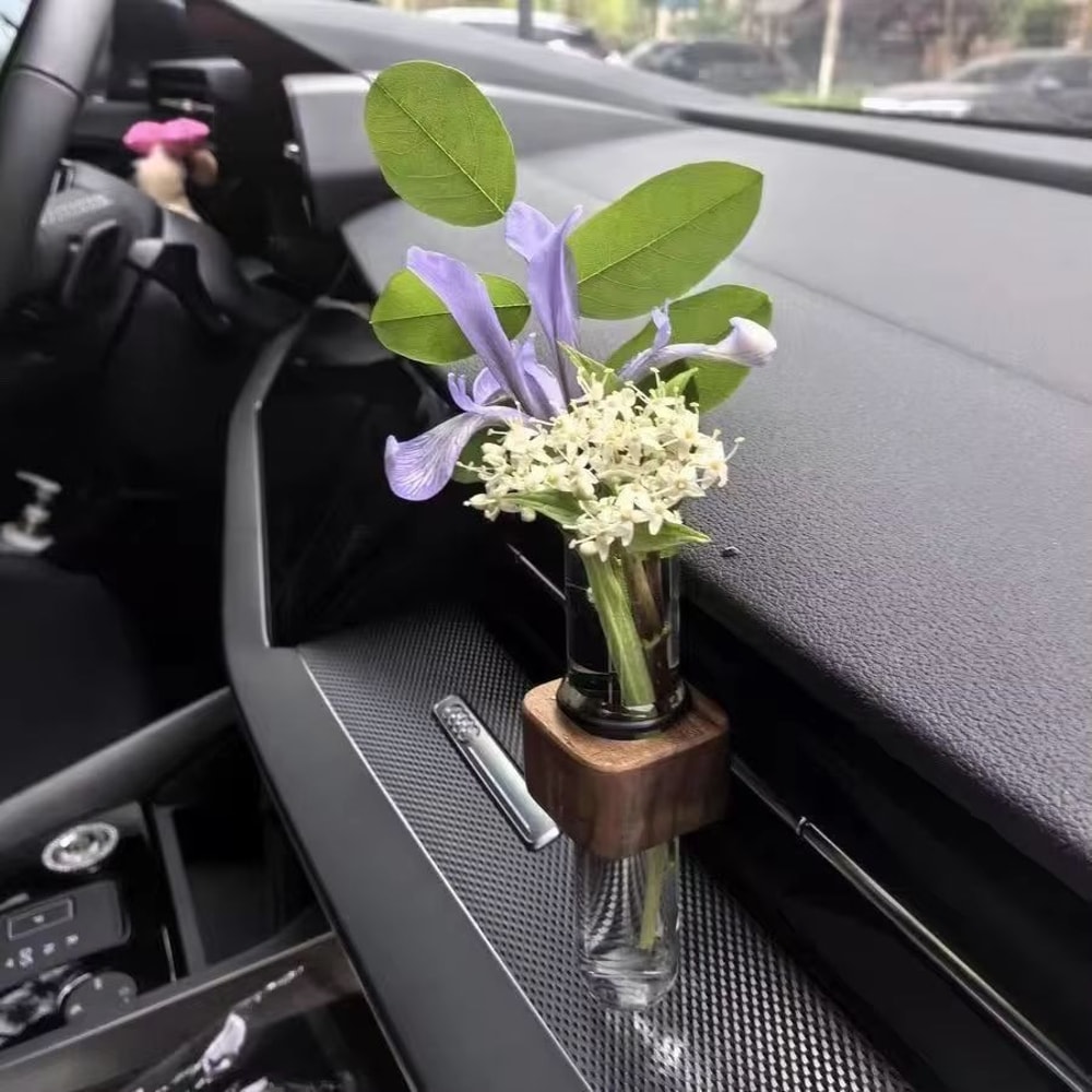 Stable Mini Car Flower Vase Vent Clip Elegant Walnut Glass Dashboard Decor 2