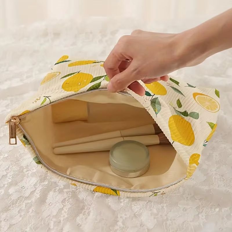 Floral Corduroy Zipper Makeup Bag Lightweight Multifunctional Cosmetic Pouch 2