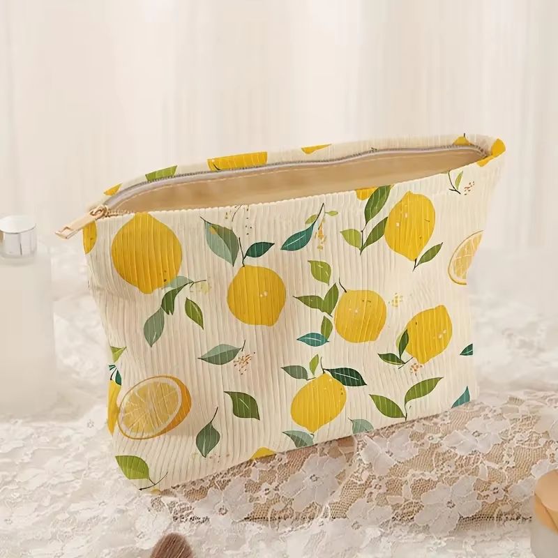 Floral Corduroy Zipper Makeup Bag Lightweight Multifunctional Cosmetic Pouch 3
