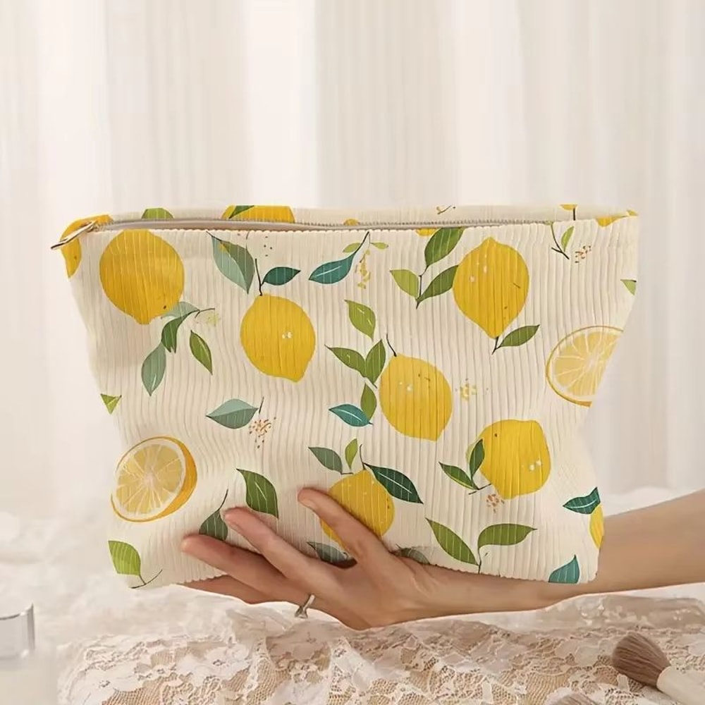 Floral Corduroy Zipper Makeup Bag Lightweight Multifunctional Cosmetic Pouch 6