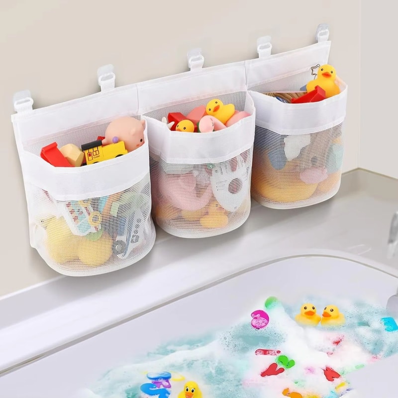 Kids Bathroom Toy Storage Bag MultiCompartment Wall Organizer With Drainage Mesh 1