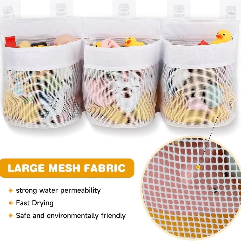 Kids Bathroom Toy Storage Bag MultiCompartment Wall Organizer With Drainage Mesh 2