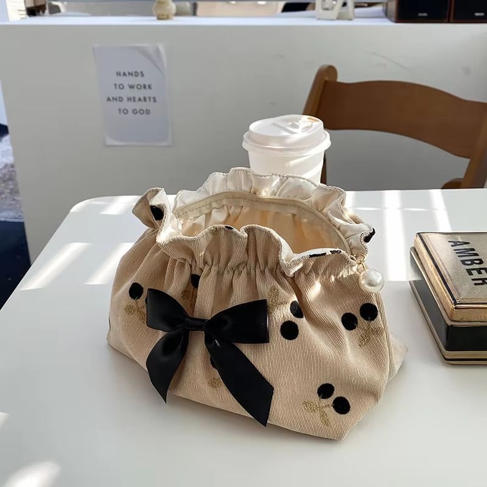 Soft Corduroy Cherry Print Cosmetic Bag Large Capacity Makeup Travel Storage Pouch 2