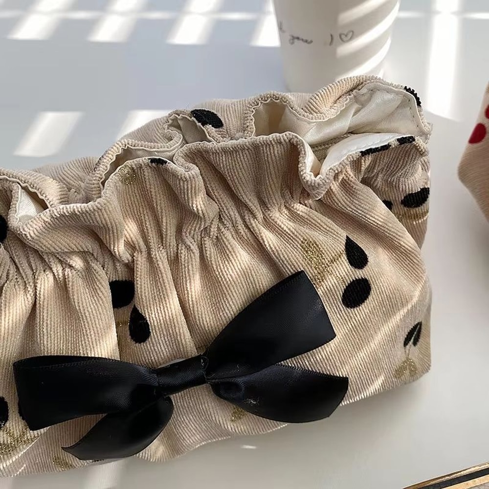 Soft Corduroy Cherry Print Cosmetic Bag Large Capacity Makeup Travel Storage Pouch 4