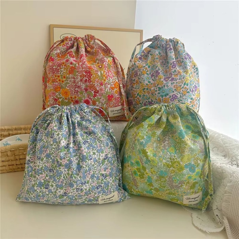 Portable Cotton Makeup Travel Organizer Bag Drawstring Flower Print Storage Pouch 0