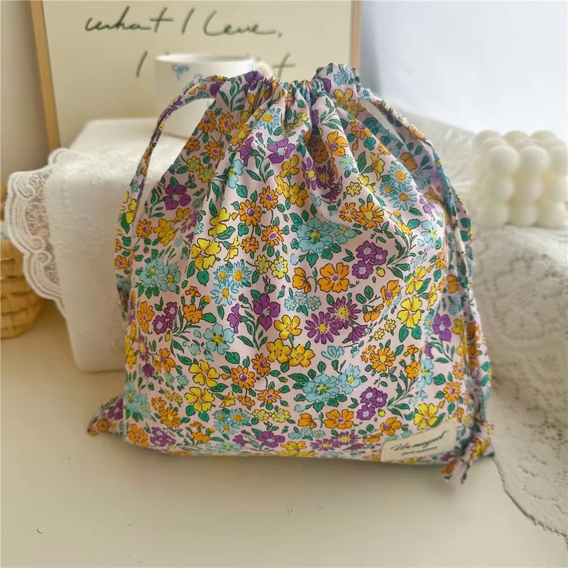 Portable Cotton Makeup Travel Organizer Bag Drawstring Flower Print Storage Pouch 9