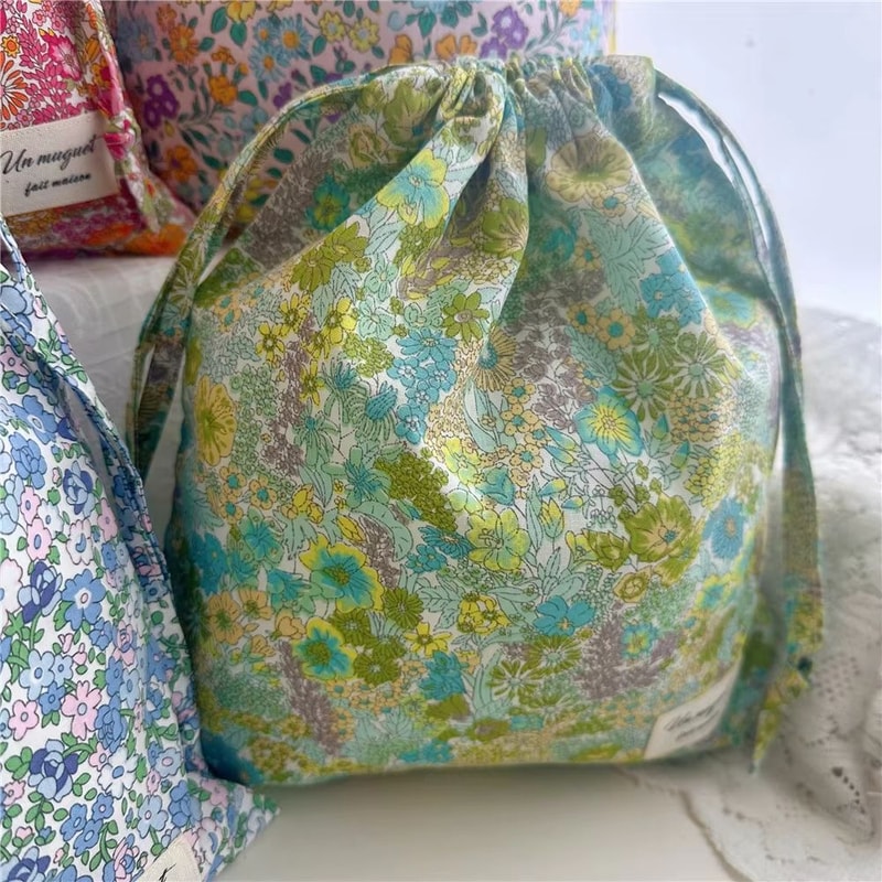 Portable Cotton Makeup Travel Organizer Bag Drawstring Flower Print Storage Pouch 4
