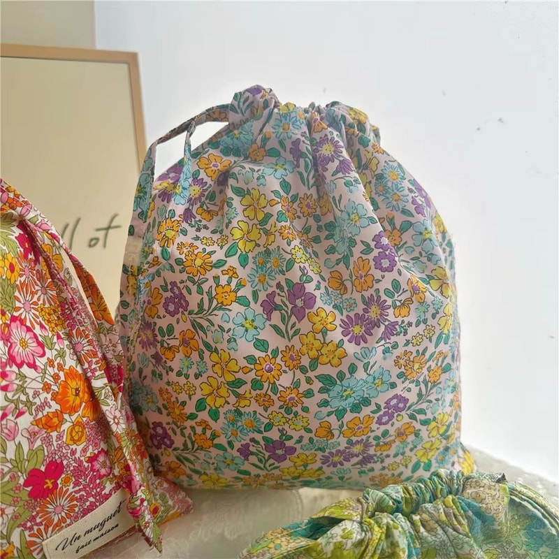 Portable Cotton Makeup Travel Organizer Bag Drawstring Flower Print Storage Pouch 5