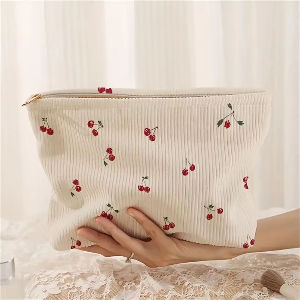 Cherry Printed Corduroy Makeup Bag Lightweight Cosmetic Organizer With Lining 0