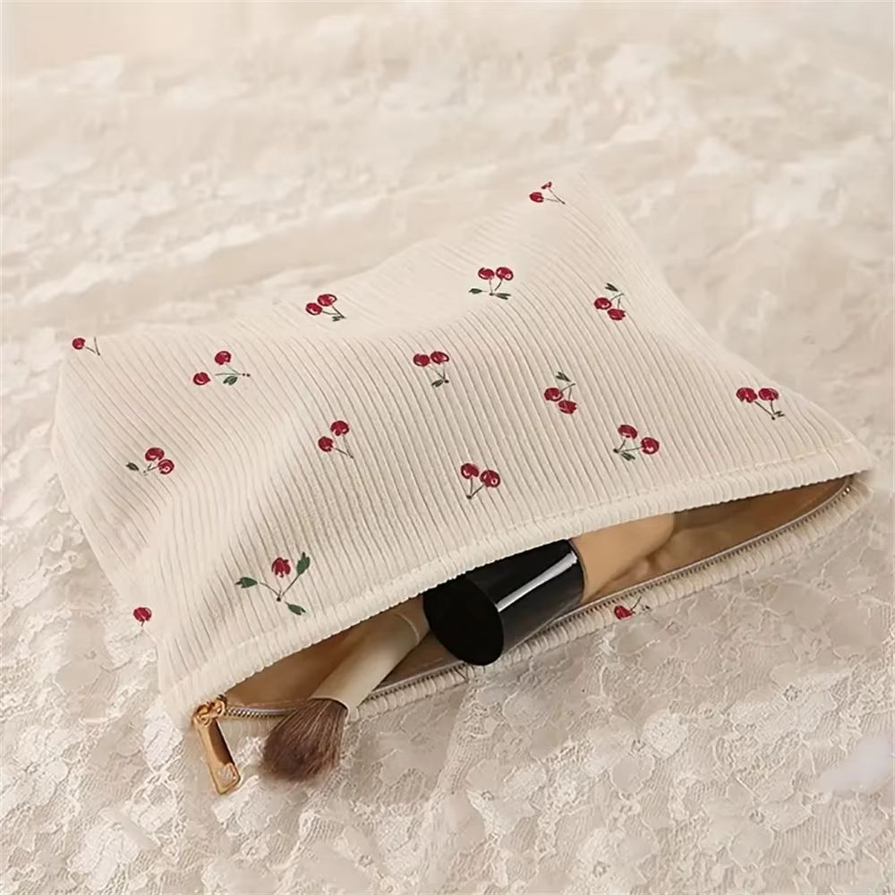 Cherry Printed Corduroy Makeup Bag Lightweight Cosmetic Organizer With Lining 1