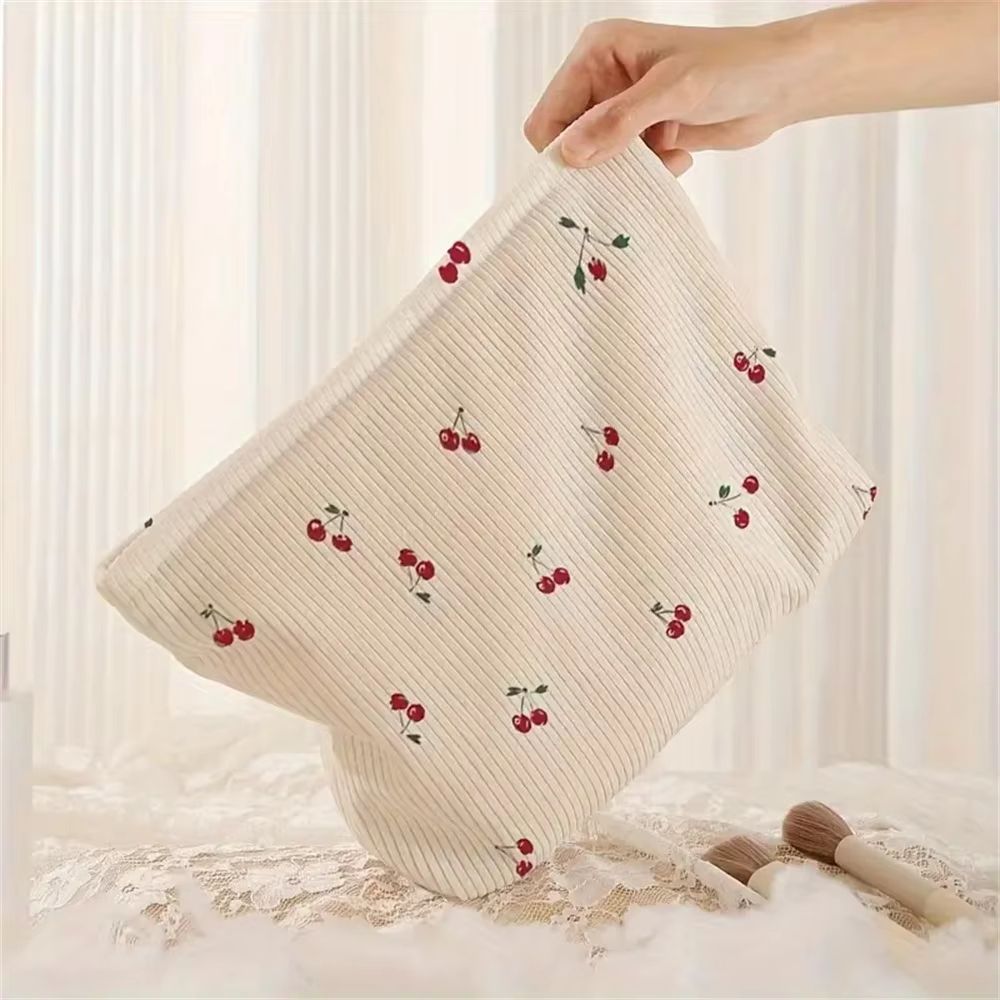 Cherry Printed Corduroy Makeup Bag Lightweight Cosmetic Organizer With Lining 2