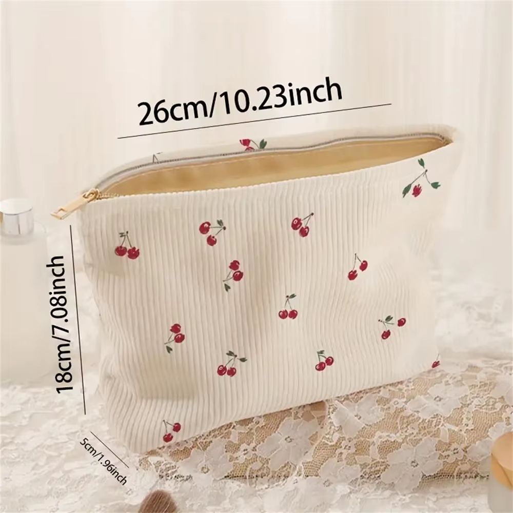 Cherry Printed Corduroy Makeup Bag Lightweight Cosmetic Organizer With Lining 5