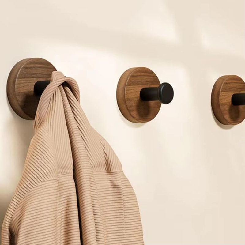 Walnut Wood Adhesive Door Hook Rack NoDrill Wooden Hanger For Home 1