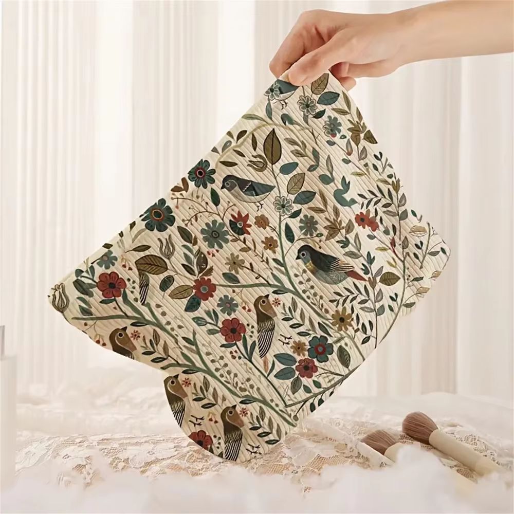 Corduroy Cosmetic Makeup Bag With Branch Bird Pattern 0