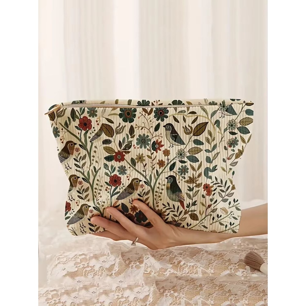Corduroy Cosmetic Makeup Bag With Branch Bird Pattern 5