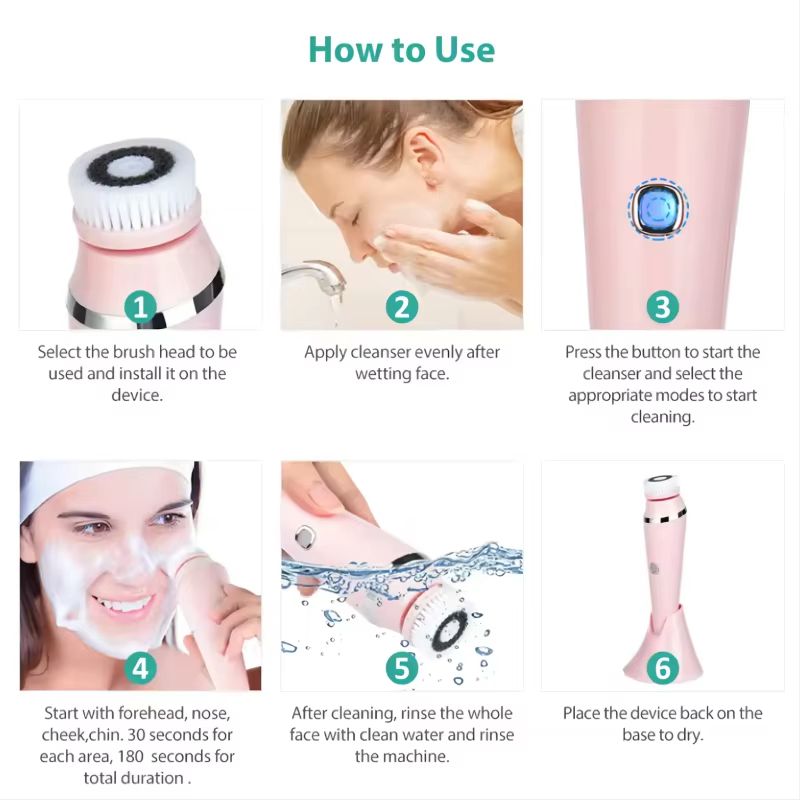 4in1 Electric Facial Cleansing Brush Sonic Waterproof Rechargeable Face Cleaning Pore Care Tool 5