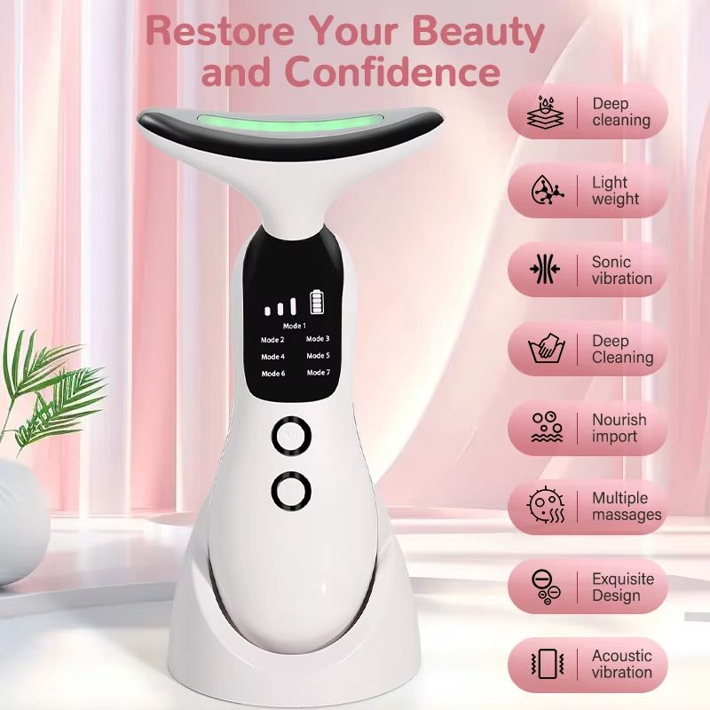 Rechargeable 3in1 Microcurrent Neck Facial Massager With 7Color LED Vibration And Sculpting Therap 1