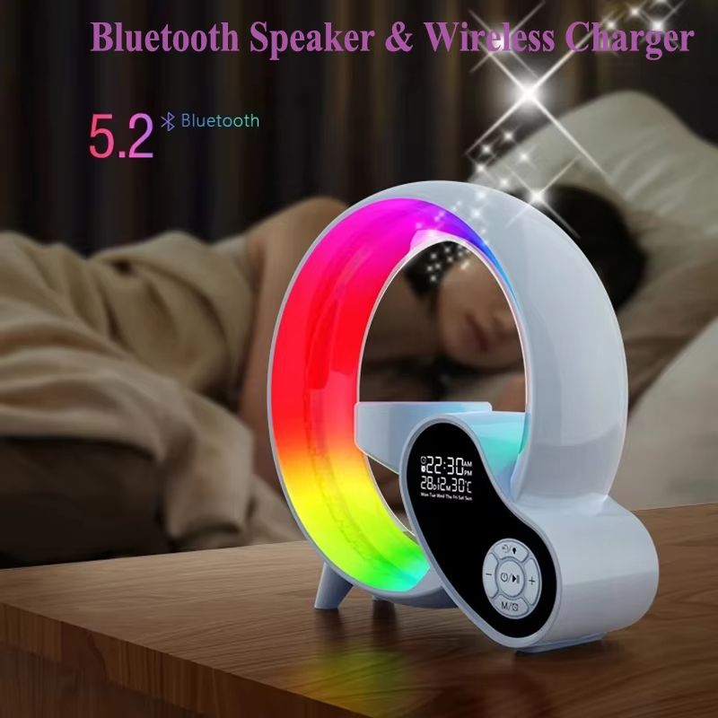 Bluetooth Speaker Digital Alarm Clock With Wireless Charger Night Light And Mood Lighting 3