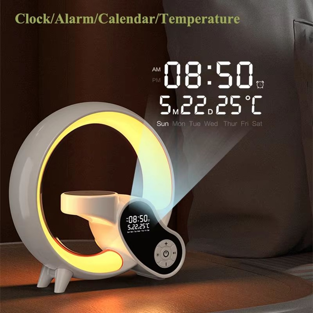 Bluetooth Speaker Digital Alarm Clock With Wireless Charger Night Light And Mood Lighting 4