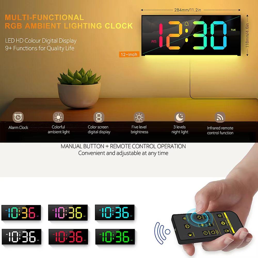 Large Digital LED Wall And Table Clock With Remote Control Night Light And Mood Lighting 3