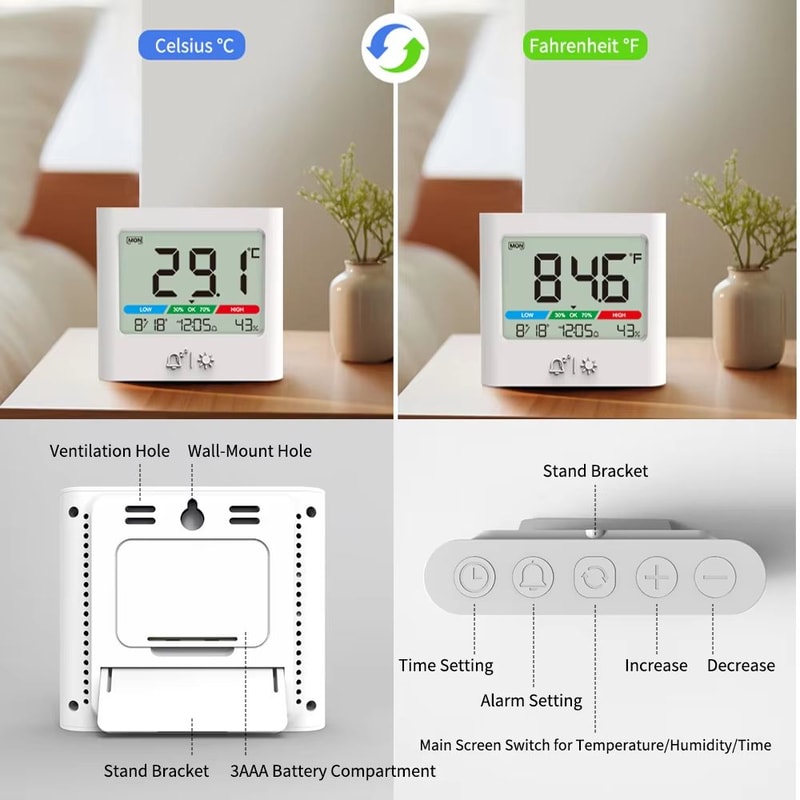 Digital Alarm Clock With Thermometer Hygrometer Backlight Date And Week Display 5