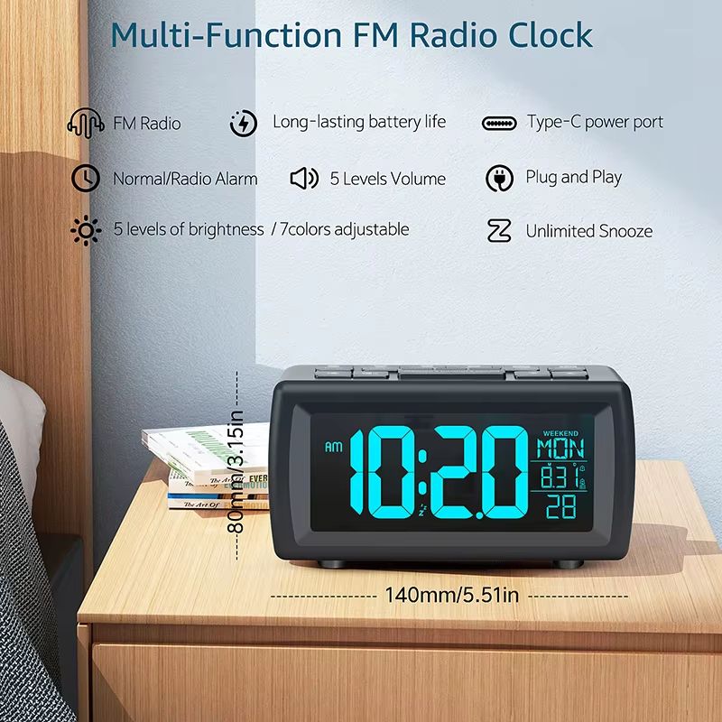 FM Radio Alarm Clock Retro Digital Desk Clock With 7Color Font And DateWeek Display 1