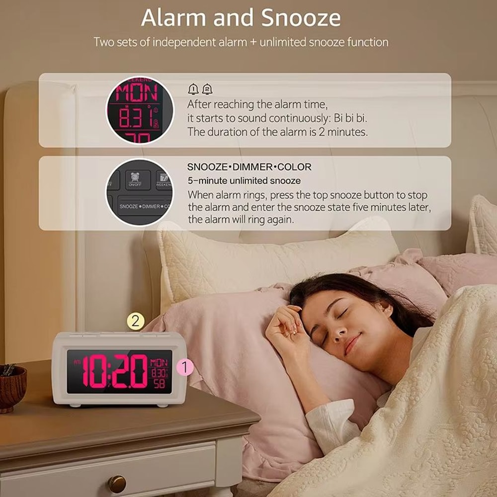 FM Radio Alarm Clock Retro Digital Desk Clock With 7Color Font And DateWeek Display 3