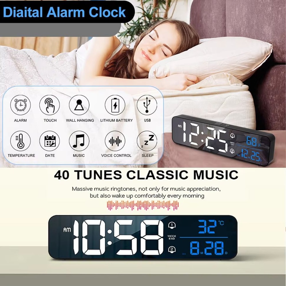 LED Digital Alarm Clock Wall Or Table Clock With Temperature Snooze Date Weekday And Dual Alarms Wi 1