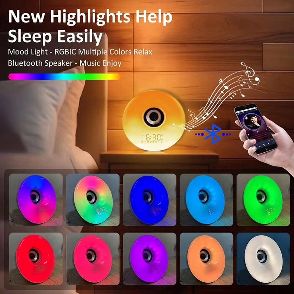 Bluetooth Speaker Wake Up Light Alarm Clock With SunriseSunset Simulation Colorful Night Light And 4