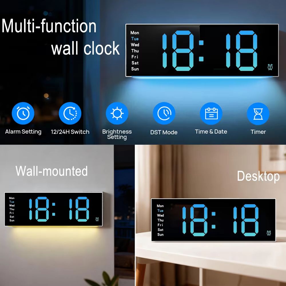 LED Wall Clock And Digital Alarm Clock With Remote Control Night Light And Mood Lighting For Home O 1