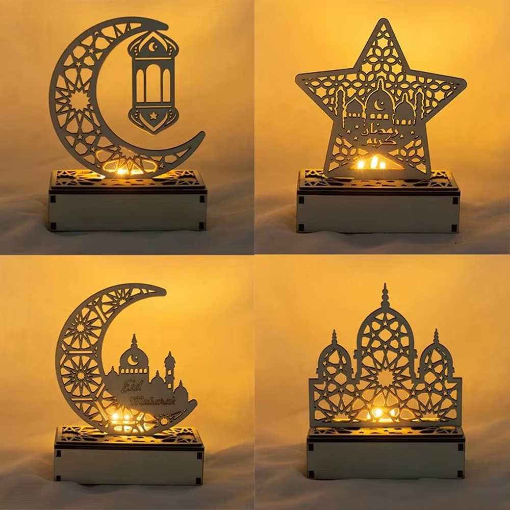 Eid Mubarak LED Light Star And Moon Pendant Wooden Candle Light For Ramadan Home Decor 0